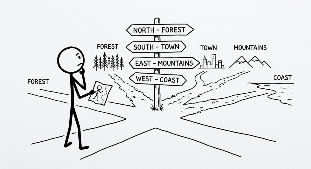 Stick figure holding a map at a crossroads with signs to forest, town, mountains, and coast.